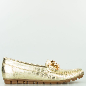 Mokasyny skórzane ze złotym łańcuchem w łuski złote Sempre