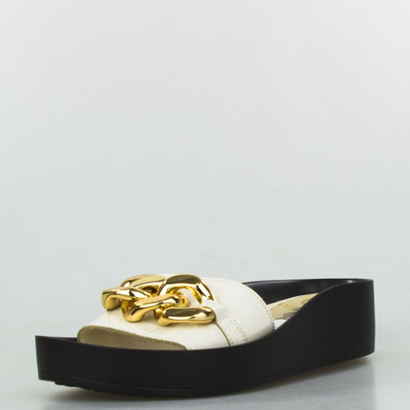 Klapki skórzane z łańcuchem czarne kremowe Sempre