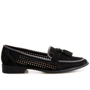 Mokasyny skórzane ażurowe z chwostem czarne Sergio Leone