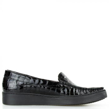 Mokasyny platformy skórzane lakierowane wężowe czarne Sempre