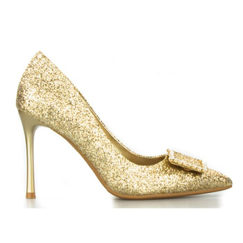 Szpilki wysokie brokatowe z ozdobą złote