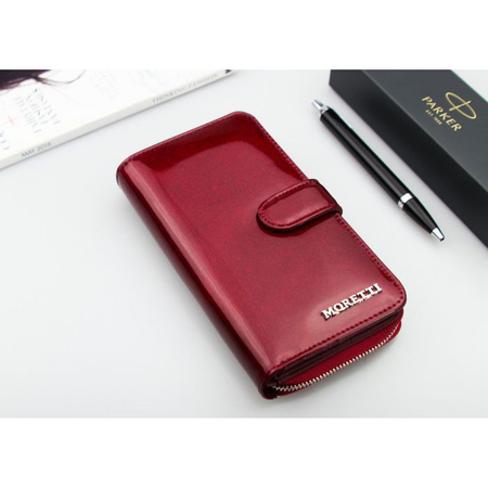 Portfel Damski Skórzany Moretti Pionowy Czerwony RFID Secured