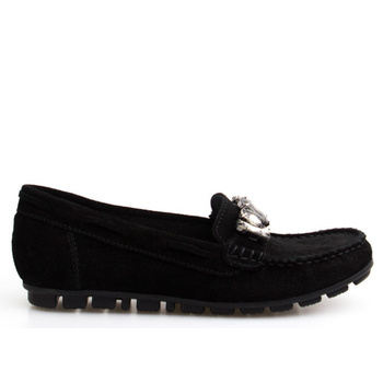 Mokasyny skórzane zamszowe z ozdobami czarne Sempre