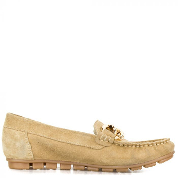 Mokasyny skórzane ze złotym łańcuchem zamszowe beżowe Sempre