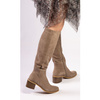 Kozaki do kolana na klocku skórzane welurowe taupe Sempre 23-443
