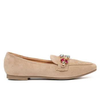 Mokasyny zamszowe z kolorowymi cyrkoniami jasne brązowe VG259