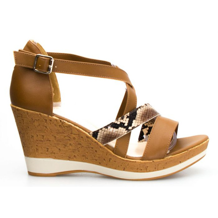 Sandały na koturnie z wężowym paskiem brązowe Sergio Leone