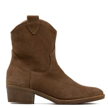 Botki kowbojki wysokie skórzane zamszowe na klocku ziemiste Optimo