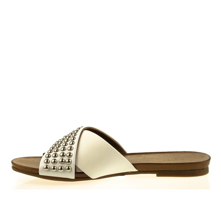 Klapki z paskiem z dżetami skórzane szare białe Victoria Gotti