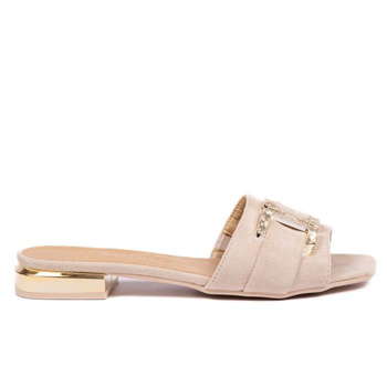 Klapki z ozdobą zamszowe beżowe Optimo KL-1