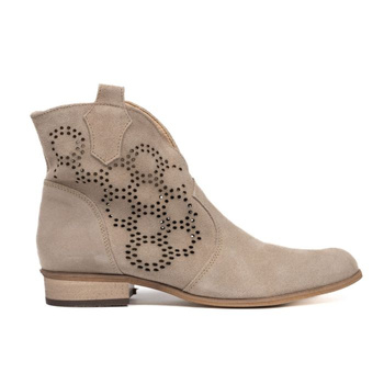 Botki kowbojki ażurowe skórzane zamszowe cappuccino Optimo