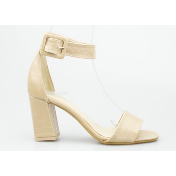 Sandały na słupku wężowe połyskujące beżowe Optimo