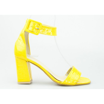 Sandały na słupku wężowe połyskujące żółte Optimo