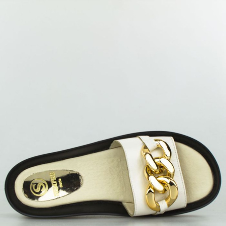 Klapki skórzane z łańcuchem czarne kremowe Sempre