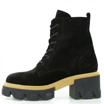 Workery na klocku na platformie wiązane skórzane welurowe czarne Sempre