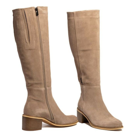 Kozaki do kolana na klocku skórzane welurowe taupe Sempre 23-443