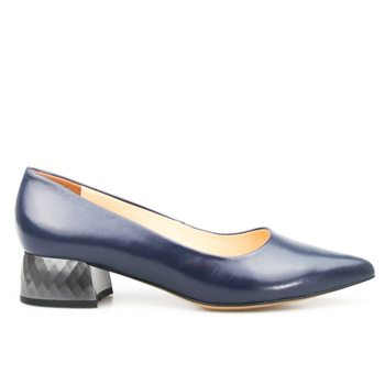 Czółenka skórzane na ozdobnym obcasie granatowe Aga