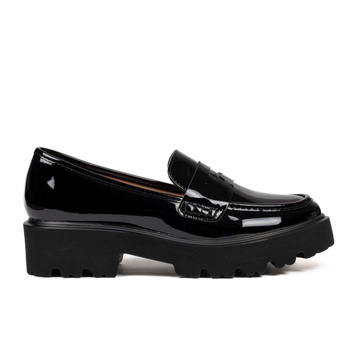 Mokasyny na platformie jednokolorowe lakierowane czarne 20822-3A