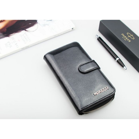 Portfel Damski Skórzany Moretti Pionowy Czarny RFID Secured