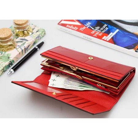 Portfel Damski Skórzany Moretti Duży Lakierowany Czerwony