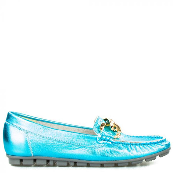 Mokasyny skórzane ze złotym łańcuchem metaliczne turkusowe Sempre