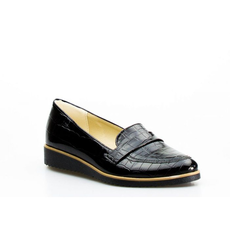 Mokasyny na koturnie wężowe lakierowane czarne Optimo