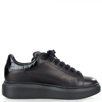 Sneakersy skórzane z wężową wstawką czarne Sempre