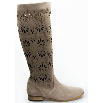 Kozaki skórzane zamszowe ażurowe do kolana cappuccino taupe Optimo