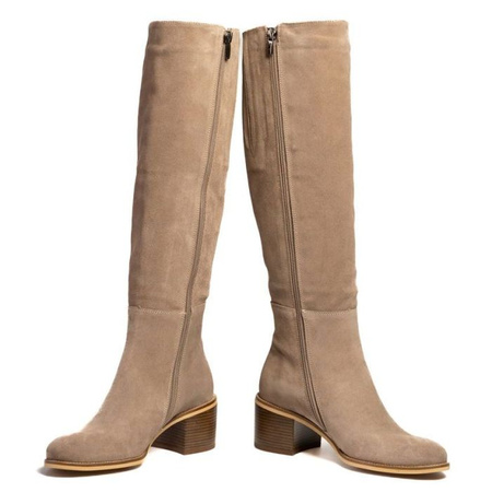 Kozaki do kolana na klocku skórzane welurowe taupe Sempre 23-443