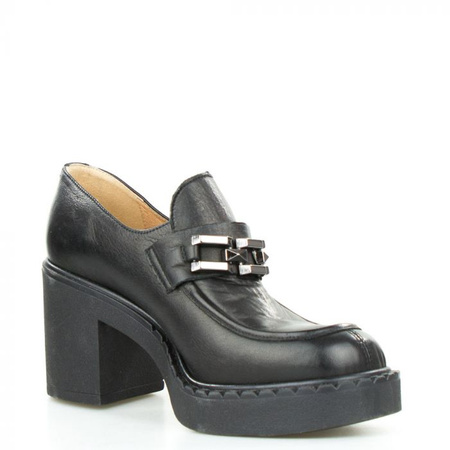 Półbuty na klocku ze srebrną ozdobą skórzane czarne Sempre