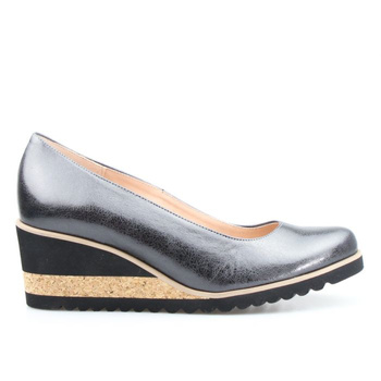 Baleriny ze wzorkiem skórzane czarne srebrne Sempre