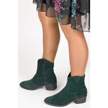 Botki kowbojki wysokie skórzane zamszowe na klocku zielone Optimo