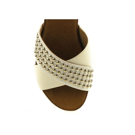 Klapki z paskiem z dżetami skórzane szare białe Victoria Gotti