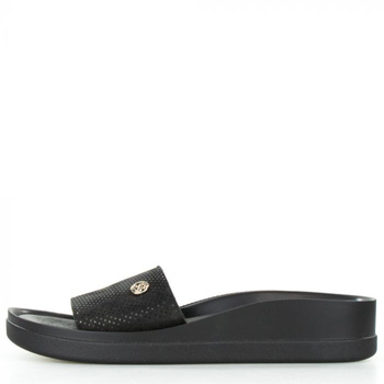 Klapki na koturnie skórzane w kropki czarne Sempre