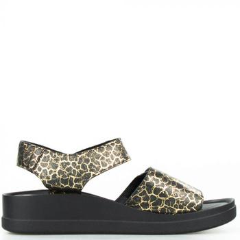 Sandały skórzane na koturnie czarne złote panterkowe Sempre