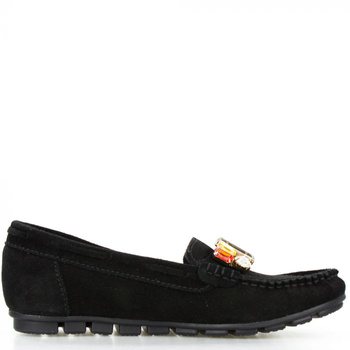 Mokasyny skórzane zamszowe z kolorowymi ozdobami czarne Sempre