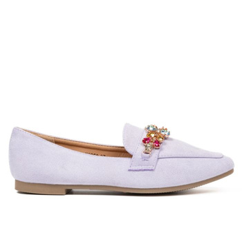 Mokasyny zamszowe z kolorowymi cyrkoniami jasne fioletowe VG259