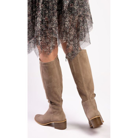 Kozaki do kolana na klocku skórzane welurowe taupe Sempre 23-443