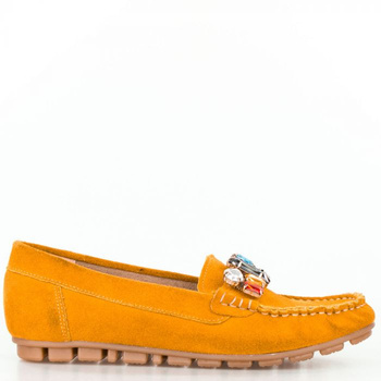 Mokasyny skórzane zamszowe z kolorowymi ozdobami ciemne żółte Sempre