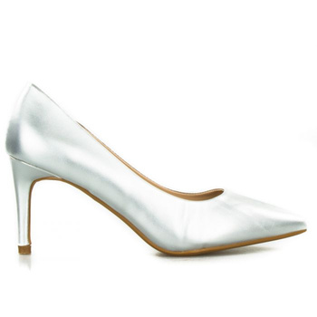 Szpilki niskie w szpic połyskujące srebrne