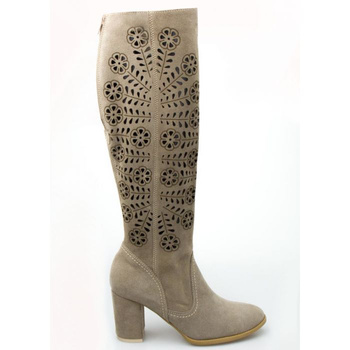 Kozaki do kolana na słupku skórzane z ażurowym wzorem cappuccino Optimo