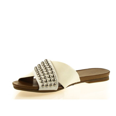 Klapki z paskiem z dżetami skórzane szare białe Victoria Gotti