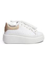 Sneakersy na platformie skórzane ze złotą neonową cholewką białe Sempre 23-392