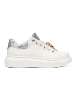 Sneakersy na platformie brokatowe z ozdobami białe srebrne 857-28