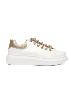 Sneakersy na platformie brokatowe z ozdobami białe złote 857-28
