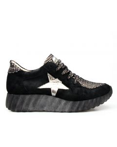 Sneakersy skórzane na koturnie srebrny wzór czarne Wolski