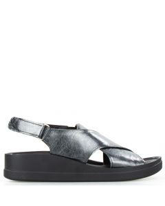 Sandały na koturnie połyskujące skórzane czarne srebrne Sempre