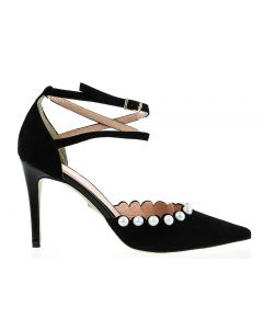Sandały z perłami skórzane zamszowe czarne Victoria Gotti