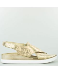 Sandały na koturnie połyskujące skórzane ze wzorem złote Sempre